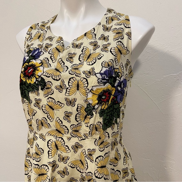 NIZA SPAIN YELLOW BUTTERFLY PRINT EMBROIDERED RIBBON SPLIT NECK SLEEVELESS DRESS - Picture 8 of 16